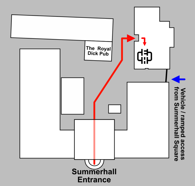 A diagram of Summerhall's campus, with an arrow showing where to find the Hacklab. A text description of the directions is below this image.