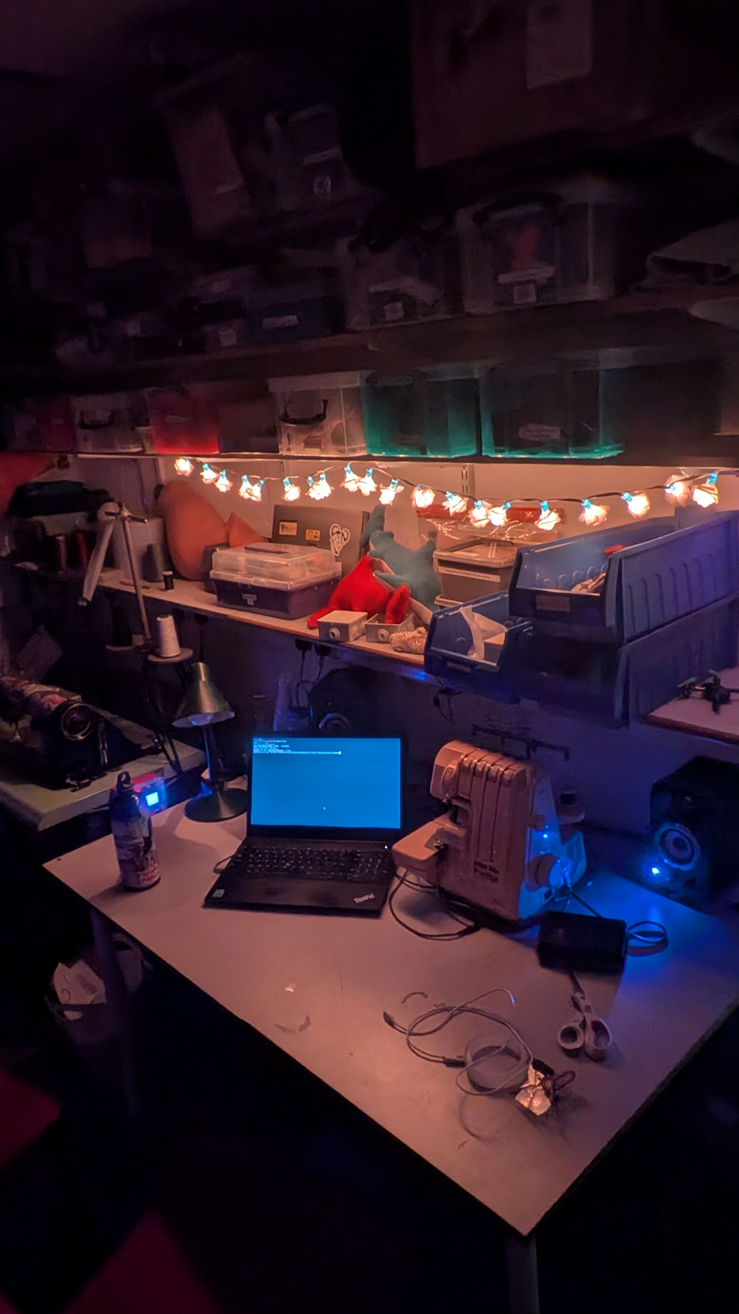 A desk and shelves in the dark, lit by fairy lights.