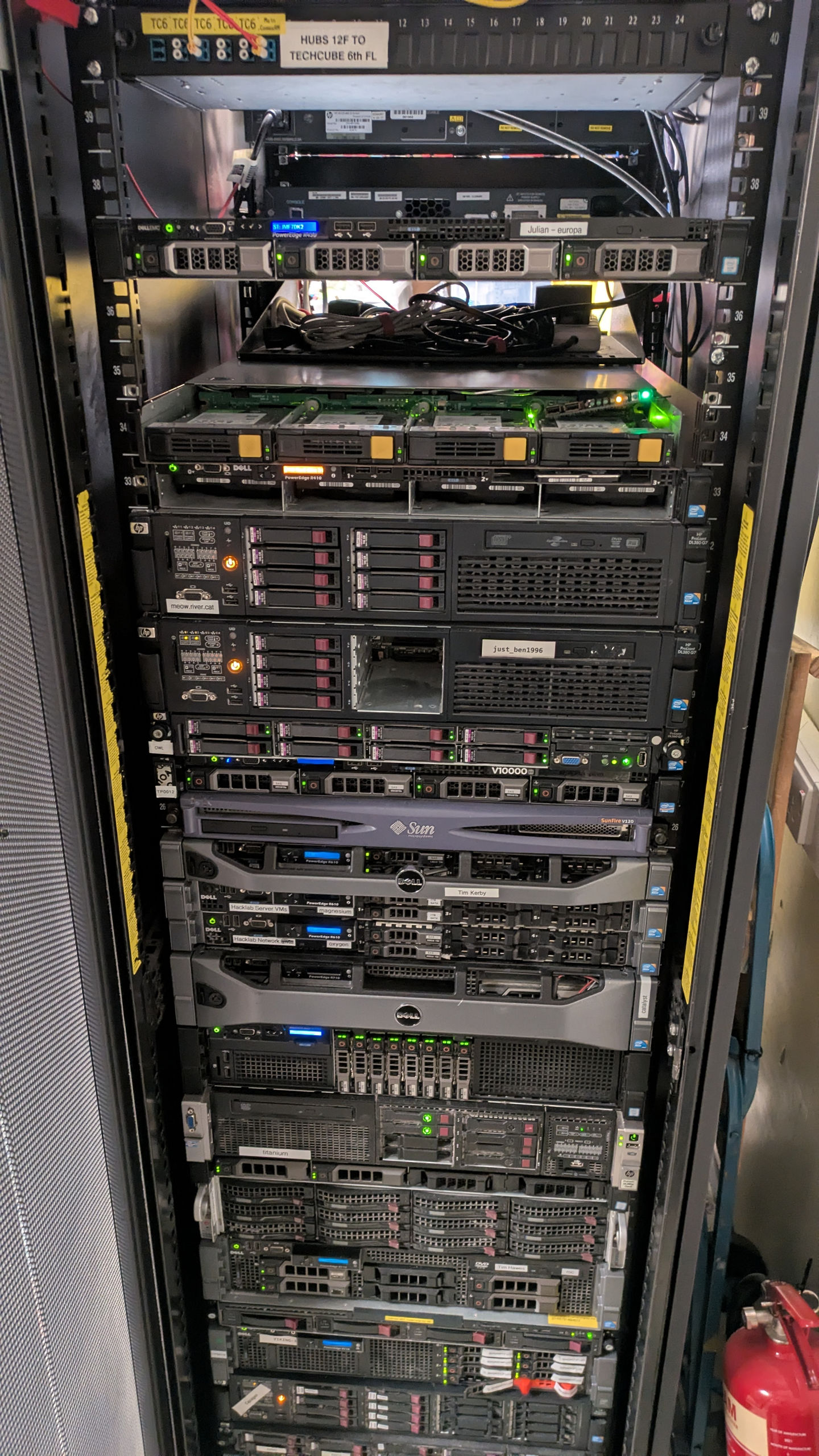 A server rack, with a mix of servers in it.